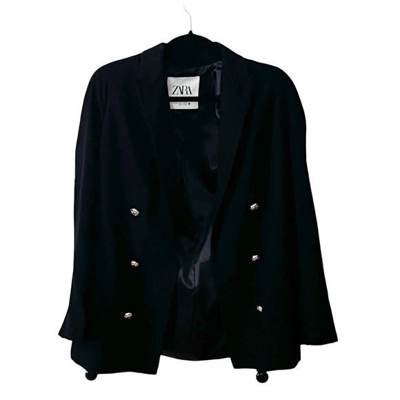 ZARA Runaway Shoulder Padded Double Breasted Accent Gold Black Blazet Sz S - Picture 2 of 8